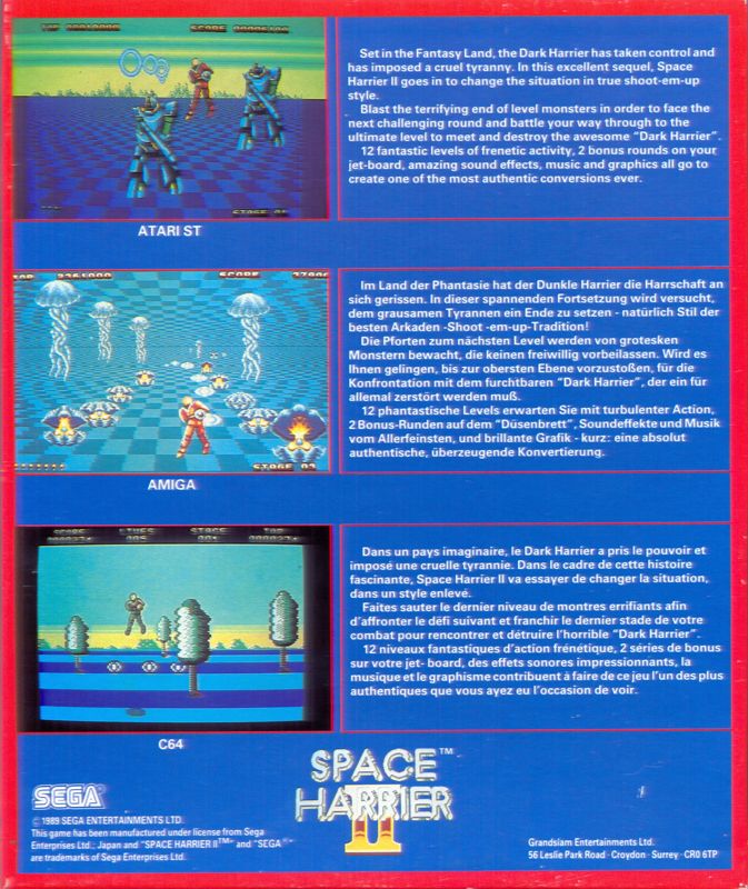 Back Cover for Space Harrier II (Atari ST)