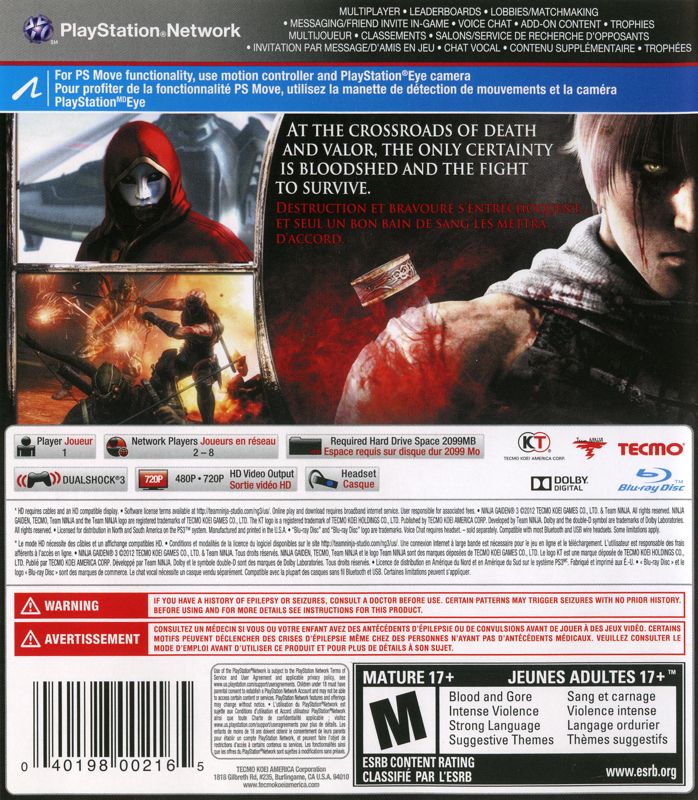Back Cover for Ninja Gaiden 3 (PlayStation 3)