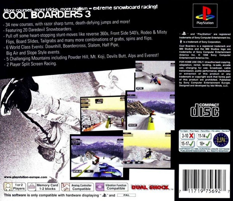 Back Cover for Cool Boarders 3 (PlayStation)