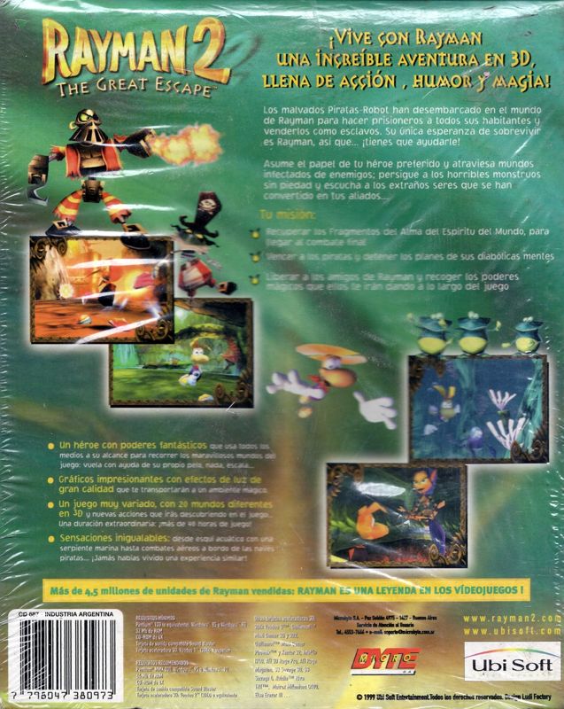 Back Cover for Rayman 2: The Great Escape (Windows) (Microbyte Edition - Free Poster Inside )