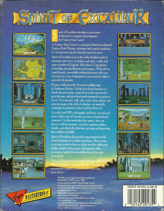 Back Cover for Spirit of Excalibur (DOS) (5.25" Floppy Disk release)