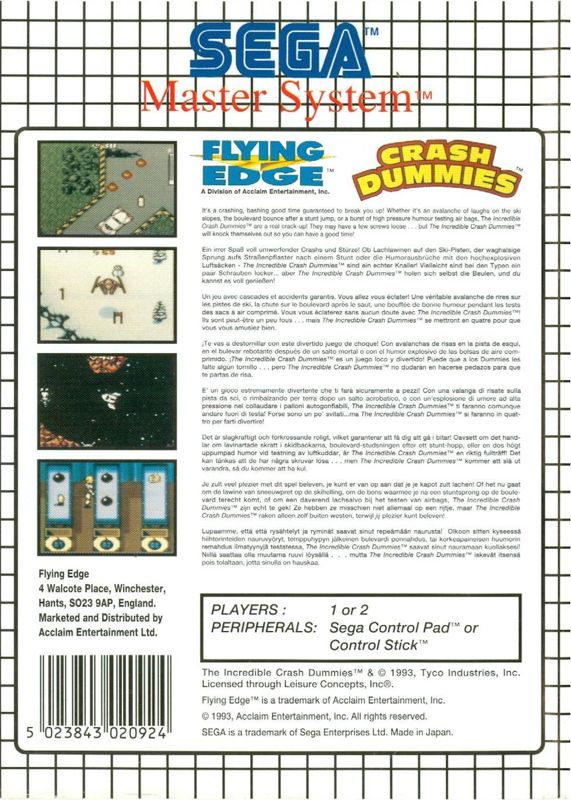 Back Cover for The Incredible Crash Dummies (SEGA Master System)