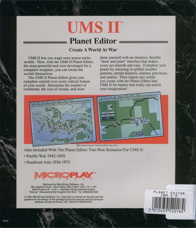 Back Cover for UMS II: Nations at War - Planet Editor (DOS)