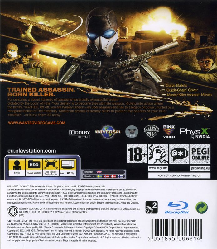 Back Cover for Wanted: Weapons of Fate (PlayStation 3)