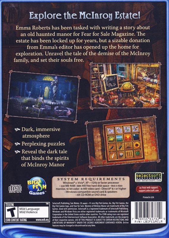 Back Cover for Fear for Sale: Mystery of McInroy Manor (Windows)