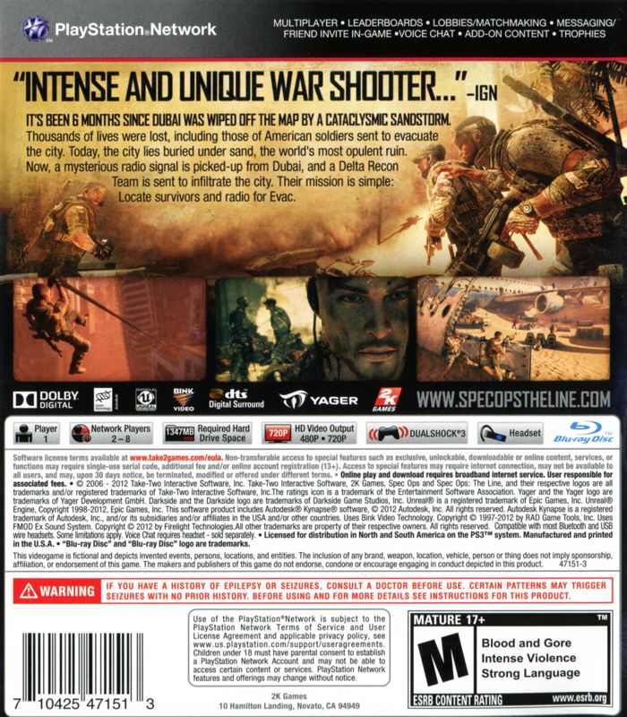 Back Cover for Spec Ops: The Line (PlayStation 3)