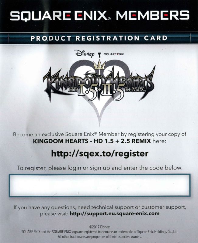 Extras for Kingdom Hearts HD I.5 + II.5 ReMIX (PlayStation 4): Registration Card - Front