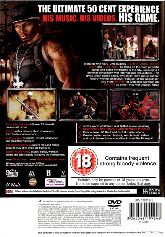 Back Cover for 50 Cent: Bulletproof (PlayStation 2)