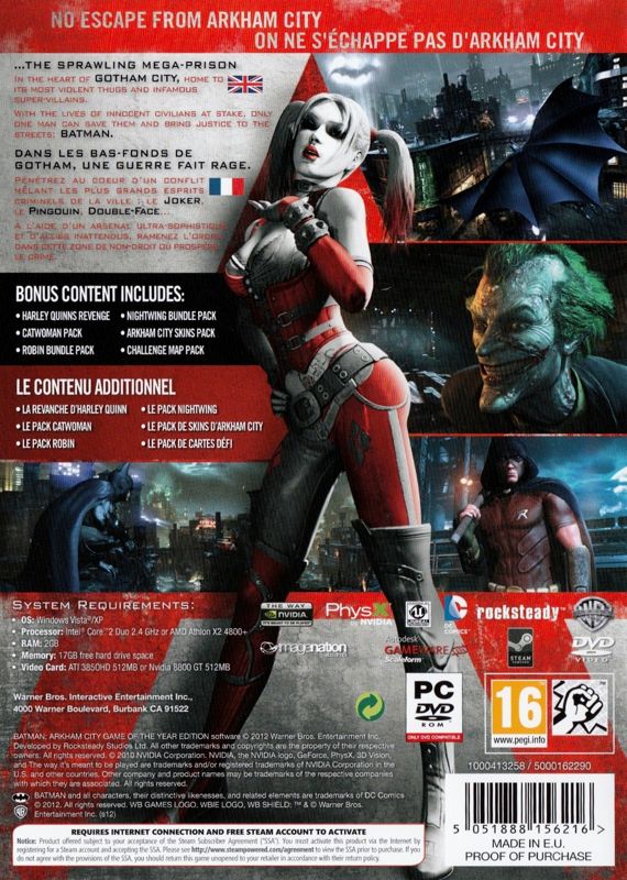Back Cover for Batman: Arkham City - Game of the Year Edition (Windows)