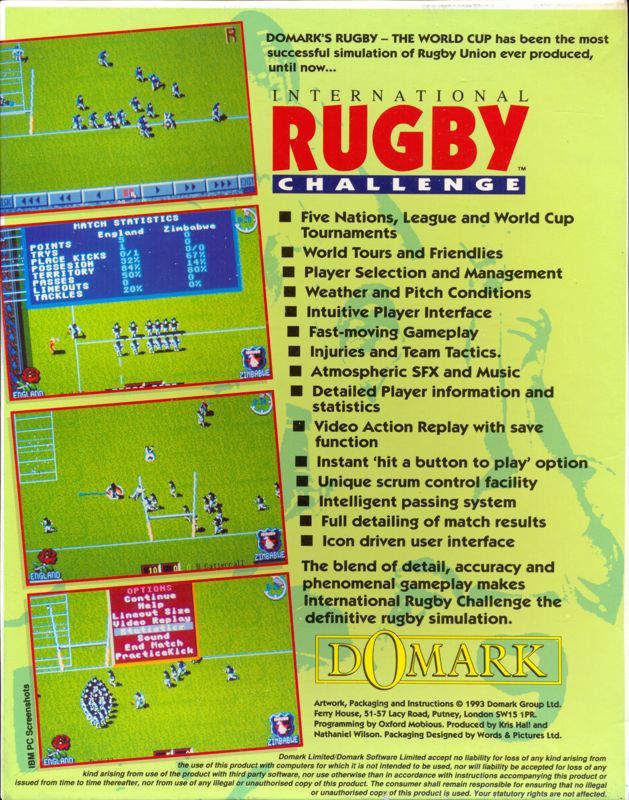 Back Cover for International Rugby Challenge (Atari ST)