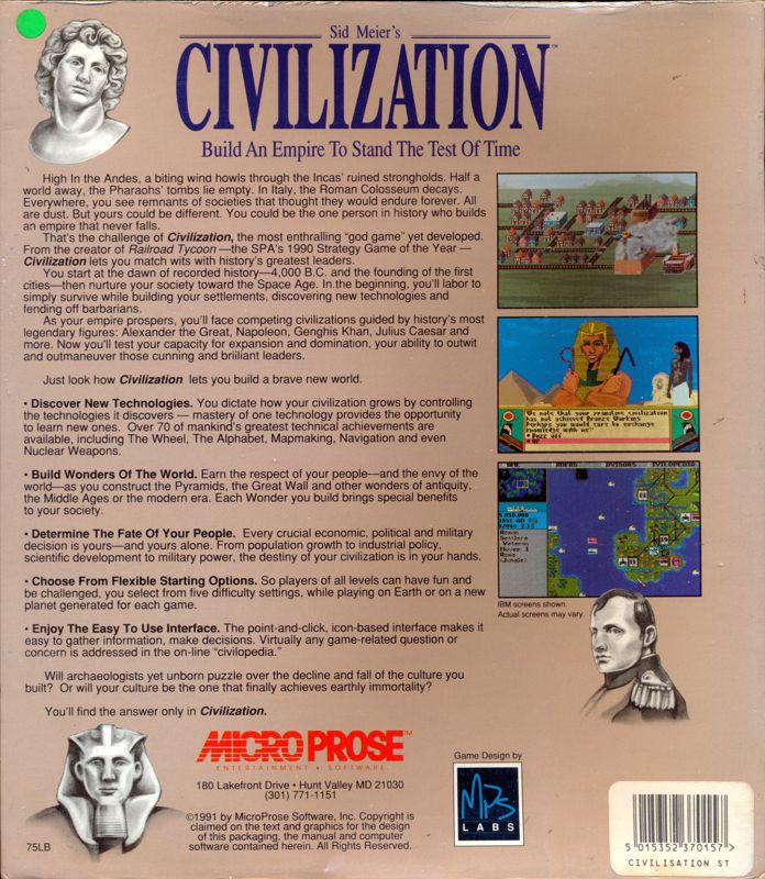 Back Cover for Sid Meier's Civilization (Atari ST)
