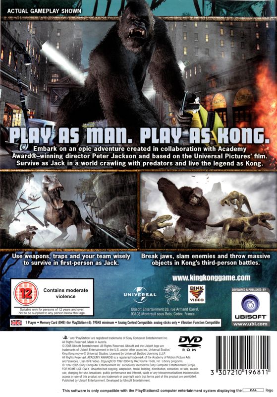 Back Cover for Peter Jackson's King Kong: The Official Game of the Movie (PlayStation 2)