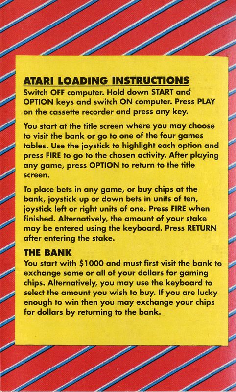 Inside Cover for Las Vegas Casino (Atari 8-bit)