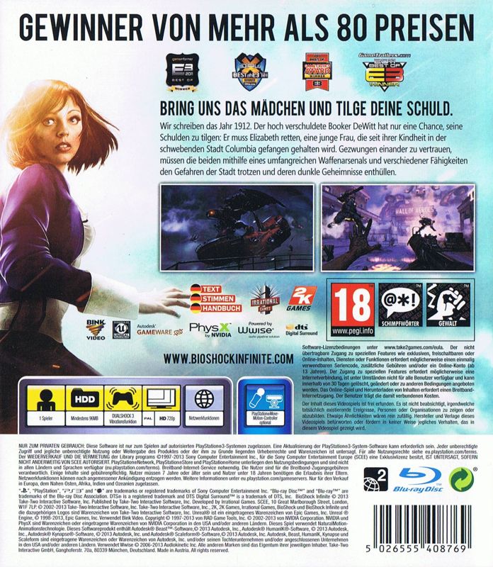 Back Cover for BioShock Infinite (PlayStation 3)