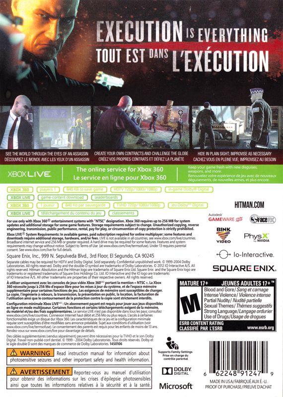 Back Cover for Hitman: Absolution: Exclusive High Roller Suit & Krugermeier 2-2 Pistol (Xbox 360) (with Walmart exclusive content)