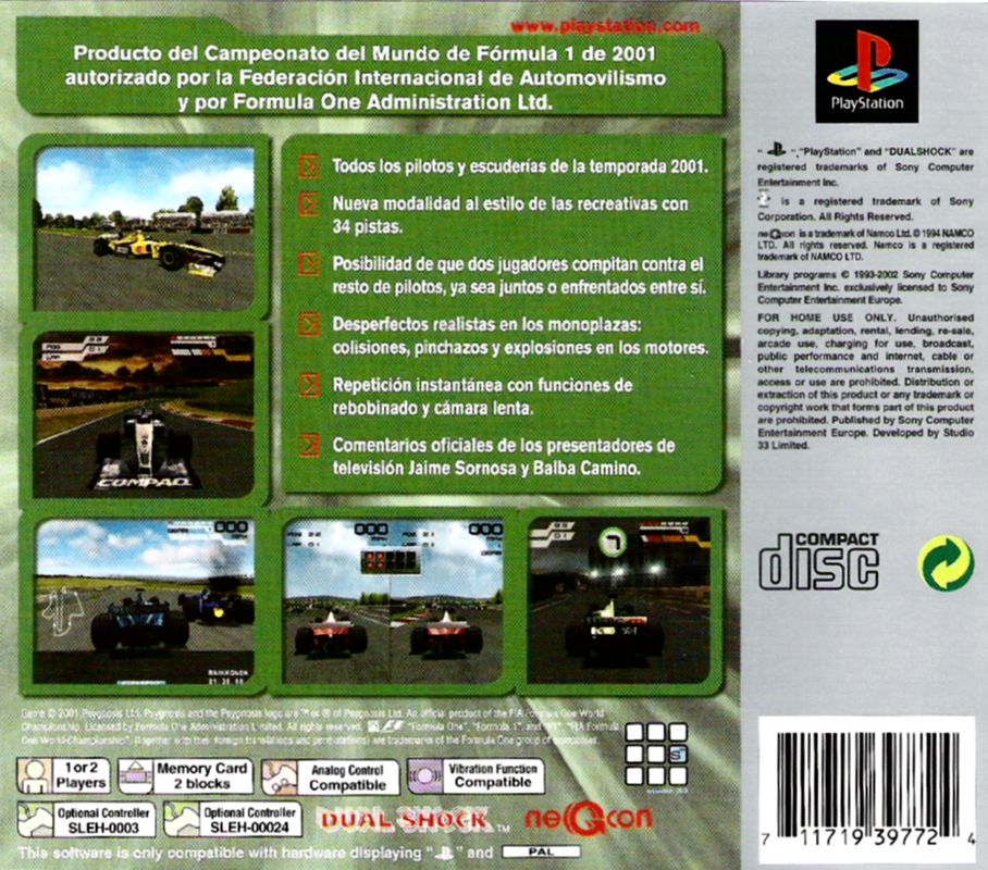 Back Cover for Formula One 2001 (PlayStation) (Platinum release)