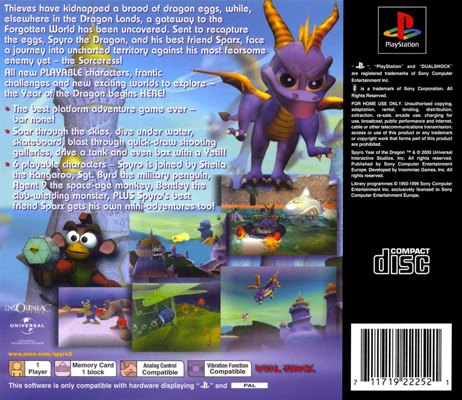 Back Cover for Spyro: Year of the Dragon (PlayStation)