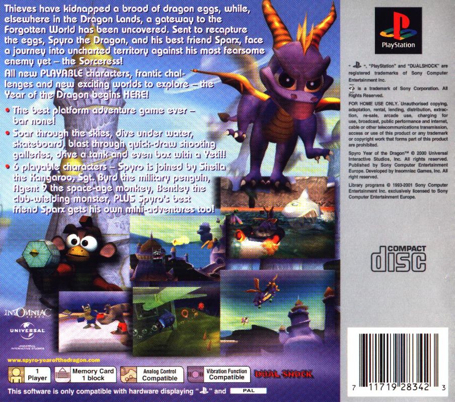 Back Cover for Spyro: Year of the Dragon (PlayStation) (Platinum release)