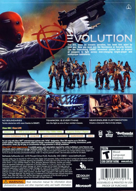 Back Cover for Brink (Xbox 360)