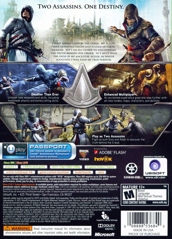 Back Cover for Assassin's Creed: Revelations (Xbox 360) (Wal-Mart release with exclusive Brutus Armor unlock)