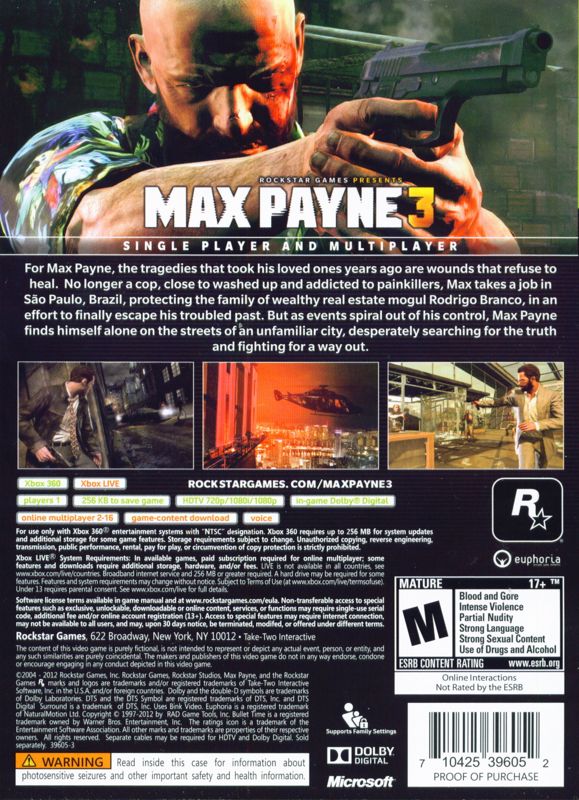 Back Cover for Max Payne 3 (Xbox 360)