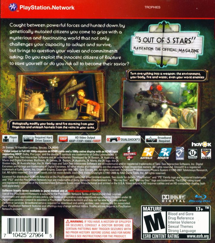 Back Cover for BioShock (PlayStation 3) (Greatest Hits release)