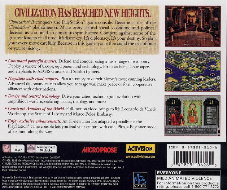 Back Cover for Sid Meier's Civilization II (PlayStation)