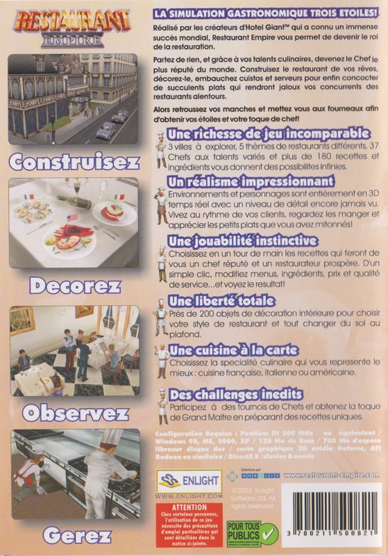 Back Cover for Restaurant Empire (Windows)