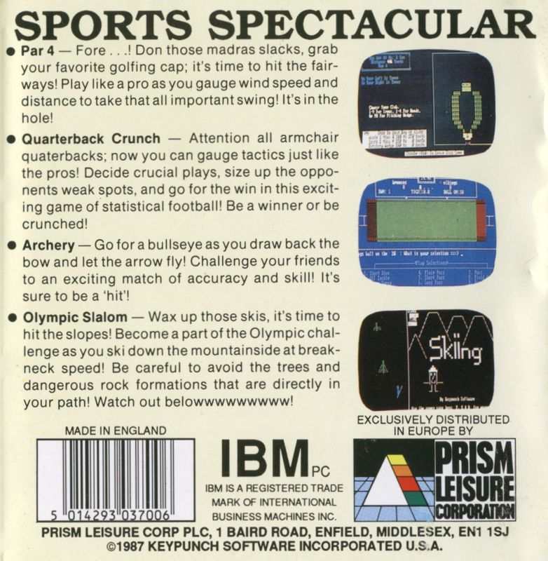 Back Cover for Sports Spectacular (DOS)