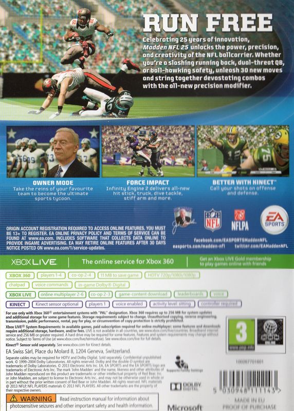Back Cover for Madden NFL 25 (Xbox 360)