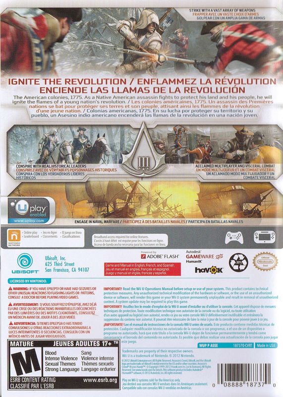 Back Cover for Assassin's Creed III (Wii U)