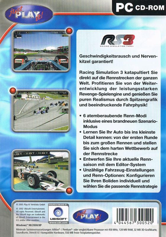 Back Cover for RS3: Racing Simulation Three (Windows) (Just Play It release)