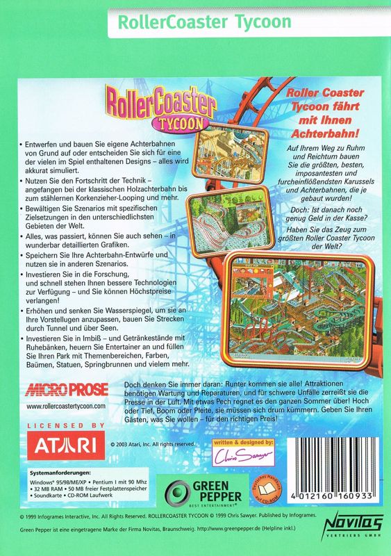 Back Cover for RollerCoaster Tycoon (Windows) (Green Pepper release (#173))