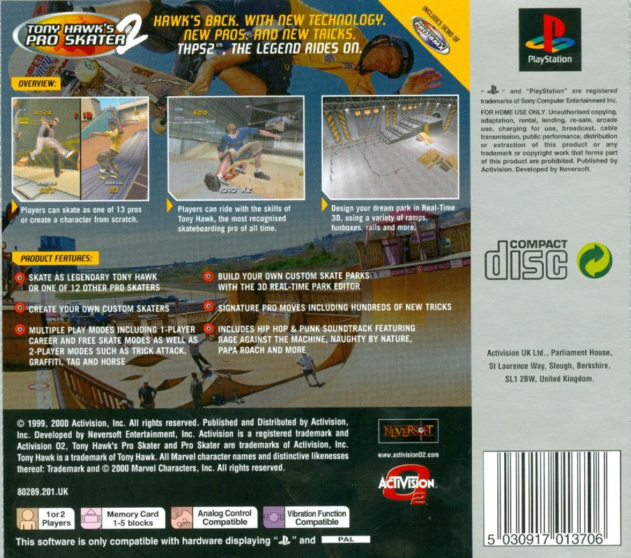 Back Cover for Tony Hawk's Pro Skater 2 (PlayStation) (Platinum release)