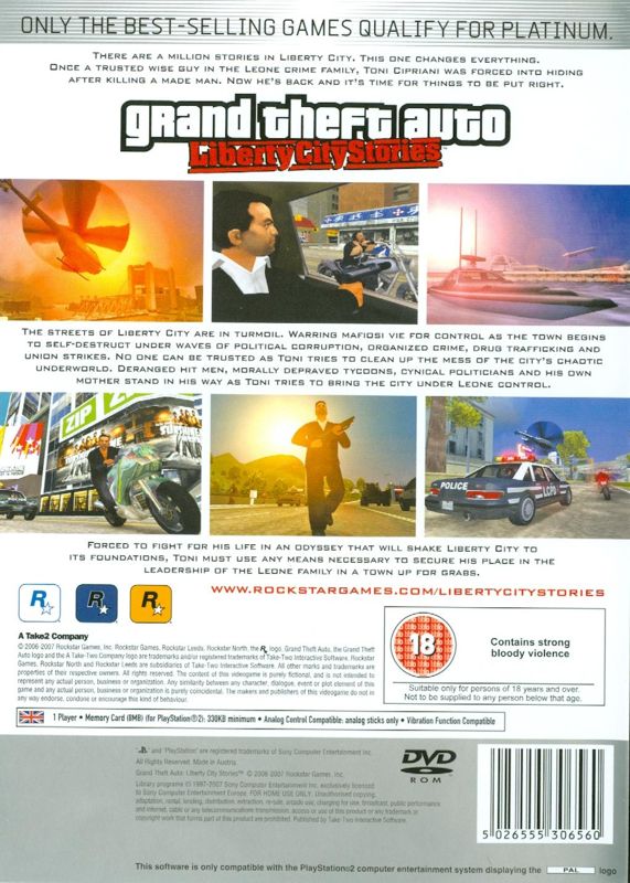Back Cover for Grand Theft Auto: Liberty City Stories (PlayStation 2) (Platinum release)