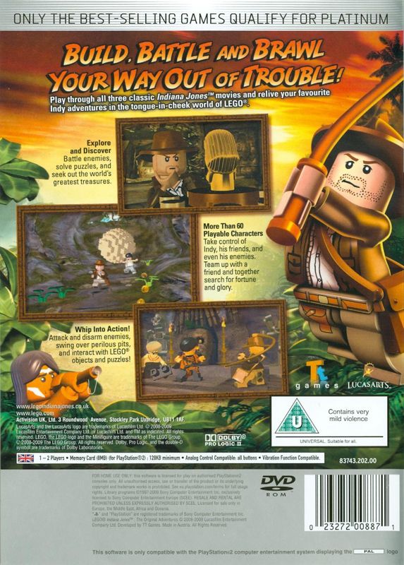 Back Cover for LEGO Indiana Jones: The Original Adventures (PlayStation 2) (Platinum release)
