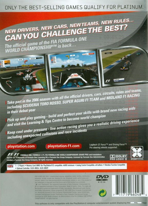 Back Cover for Formula One 06 (PlayStation 2) (Platinum release)