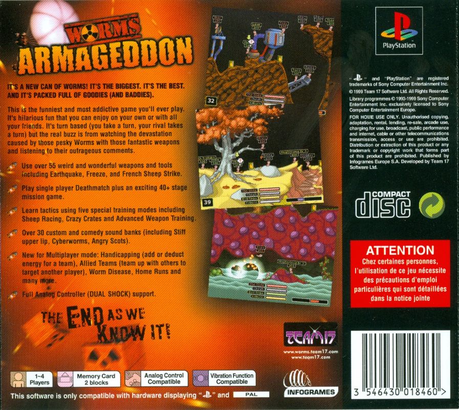 Back Cover for Worms: Armageddon (PlayStation) (Best of Infogrames release)