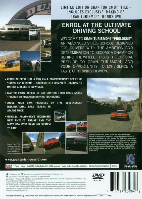 Back Cover for Gran Turismo 4: "Prologue" (PlayStation 2)