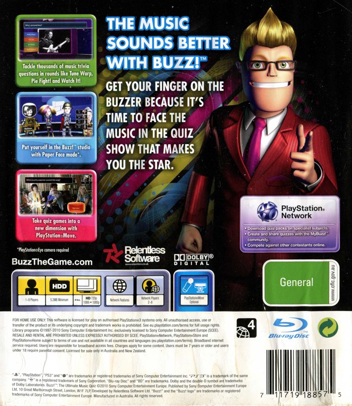 Back Cover for Buzz! The Ultimate Music Quiz (PlayStation 3)