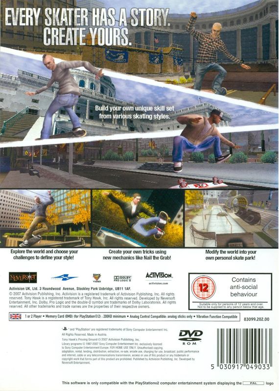 Back Cover for Tony Hawk's Proving Ground (PlayStation 2)
