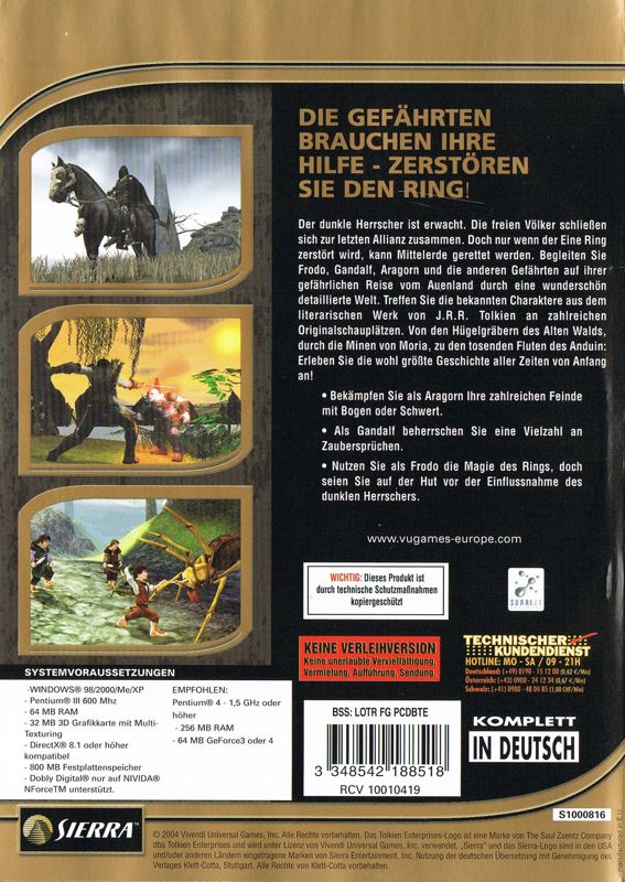 Back Cover for The Lord of the Rings: The Fellowship of the Ring (Windows) (BestSeller Series release)