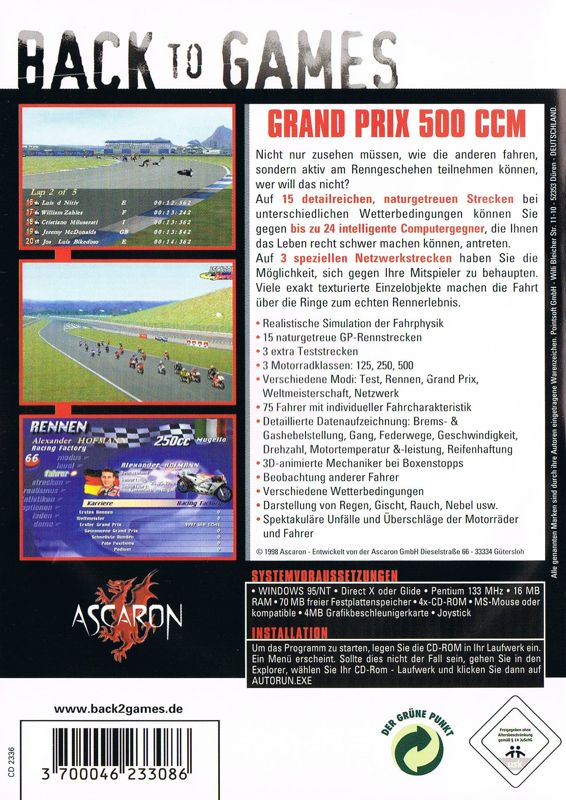 Back Cover for Extreme 500 (Windows) (Back to Games release)