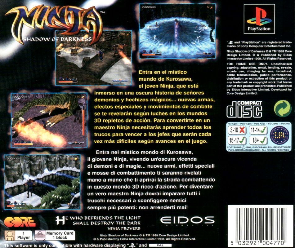 Back Cover for Ninja: Shadow of Darkness (PlayStation)