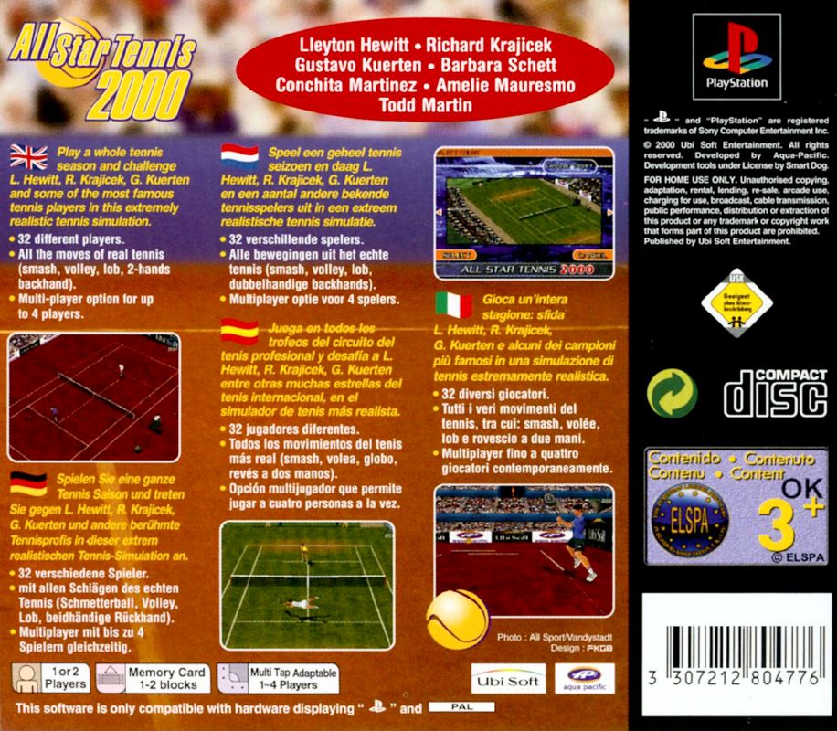 Back Cover for All Star Tennis 2000 (PlayStation)