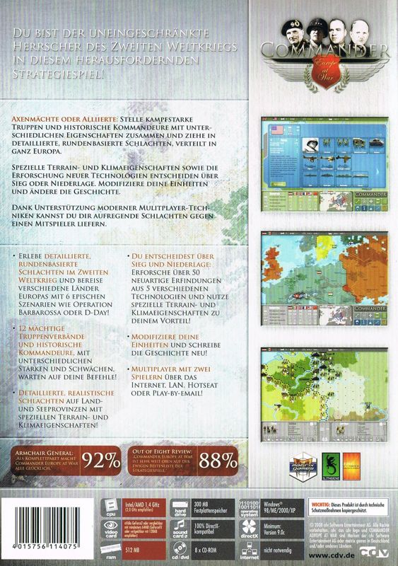 Back Cover for Commander: Europe at War (Windows) (first release)