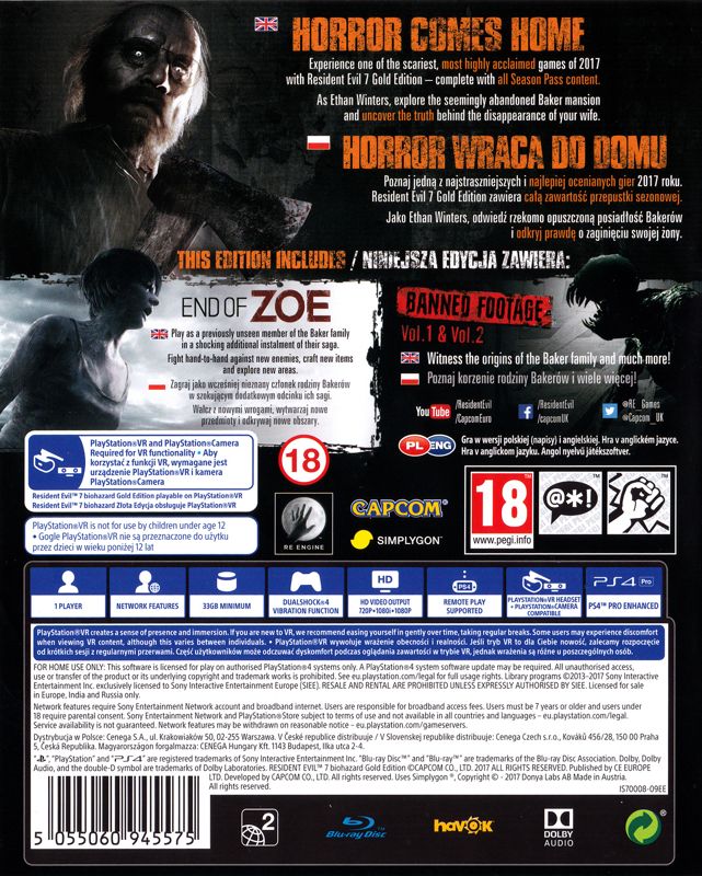 Back Cover for Resident Evil 7: Biohazard - Gold Edition (PlayStation 4)
