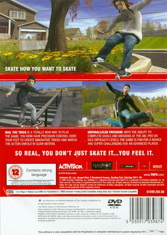 Back Cover for Tony Hawk's Project 8 (PlayStation 2)