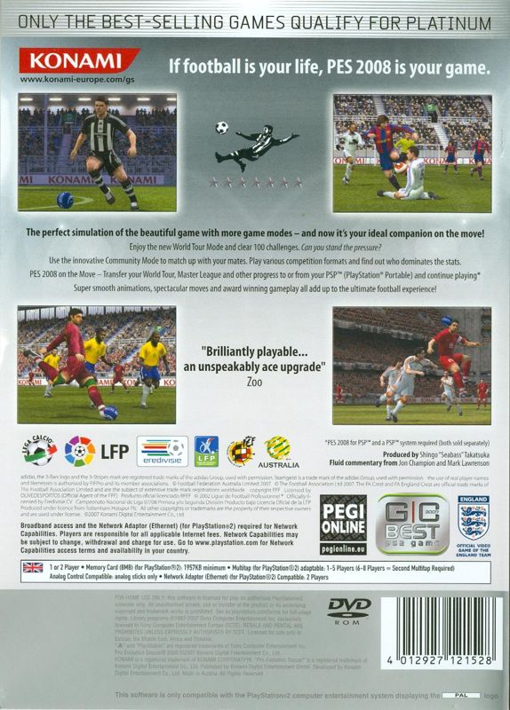 Back Cover for PES 2008: Pro Evolution Soccer (PlayStation 2) (Platinum release)