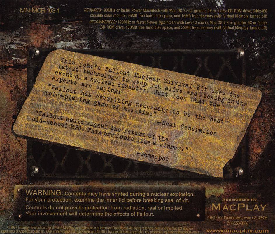 Other for Fallout (Macintosh): Jewel Case - Back